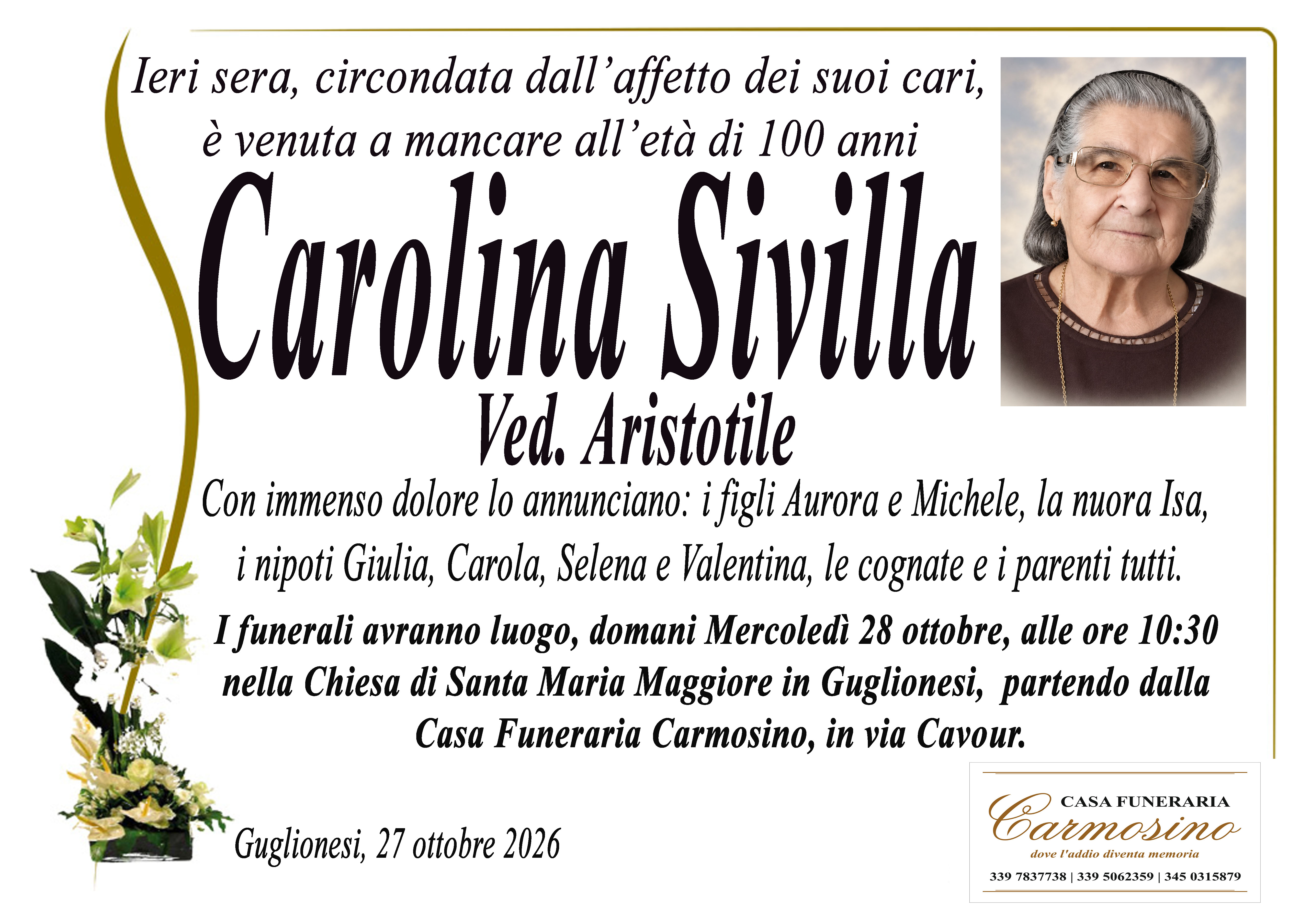 Necrologio Carolina Sivilla ved. Aristotile